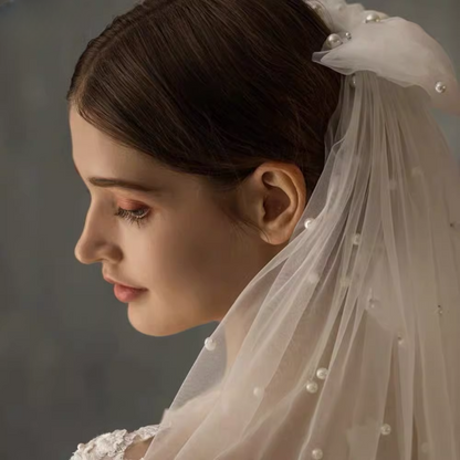 Vintage Ivory Tulle Bridal Veil Large Bow Pearl-Beaded Short-Mid Wedding Veil TP5623