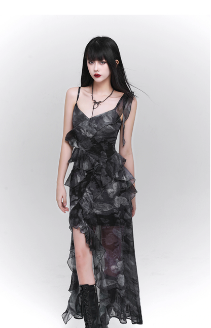 Fashion Vintage Butterfly irregular Dress Brim Design Spaghetti Strap Dress TP2912