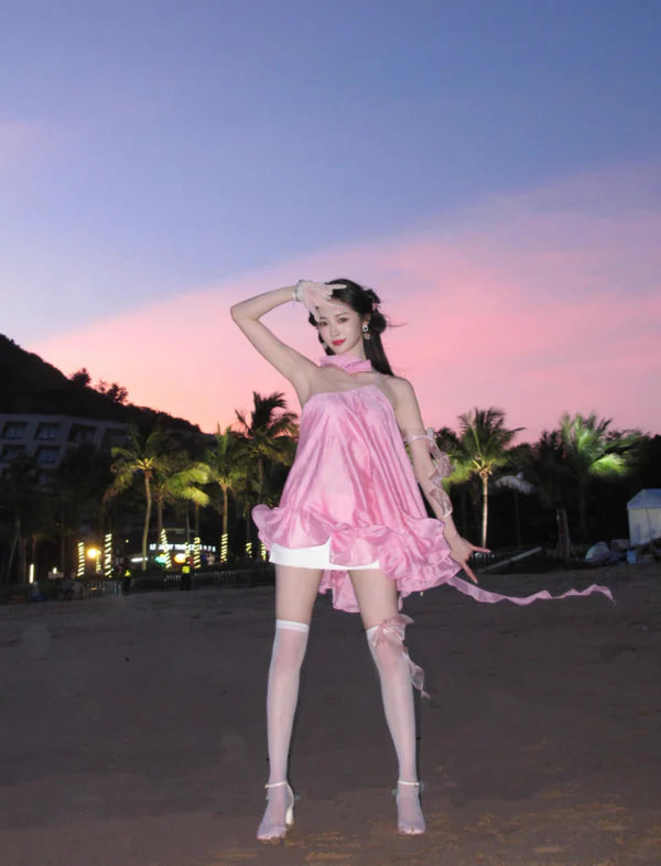 Cute Pink Ruffle Short A-Line Satin Party Dress Cocktail Dress Homecoming Dress TP4429