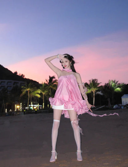 Cute Pink Ruffle Short A-Line Satin Party Dress Cocktail Dress Homecoming Dress TP4429
