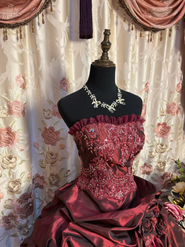 Vintage Burgundy Strapless Sequin Sweet 16 Quinceanera A-Line Evening Dress Ball Gown TP4286