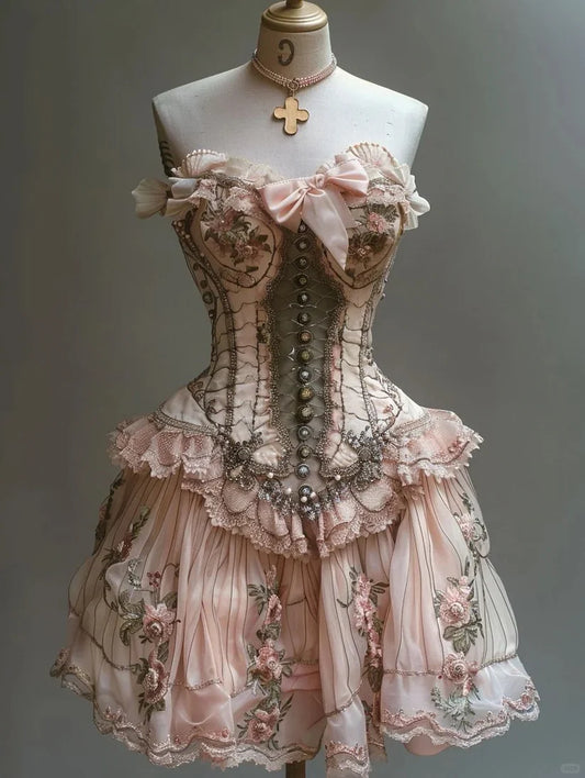 Retro Strapless Sweetheart Lolita Princess Dress A-line Floral Beaded Chiffon Party Dress Homecoming Dress TP4088