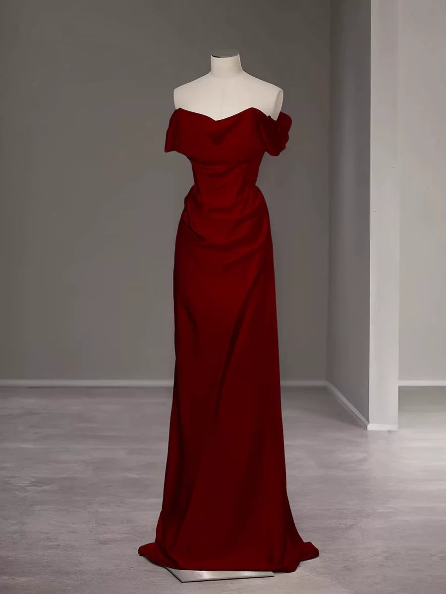 Elegant Burgundy Satin Off-the-Shoulder Mermaid Draped Prom Dress TP6099