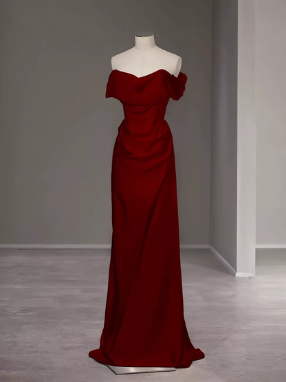 Elegant Burgundy Satin Off-the-Shoulder Mermaid Draped Prom Dress TP6099