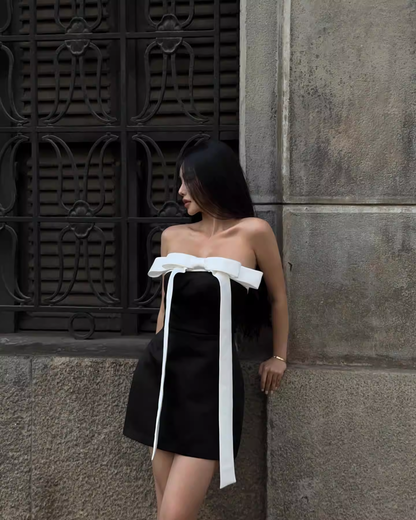 Vintage Black Strapless Sheath Bow Design Mini Dress Homecoming Dress Party Dress Short Cocktail Dress TP5185