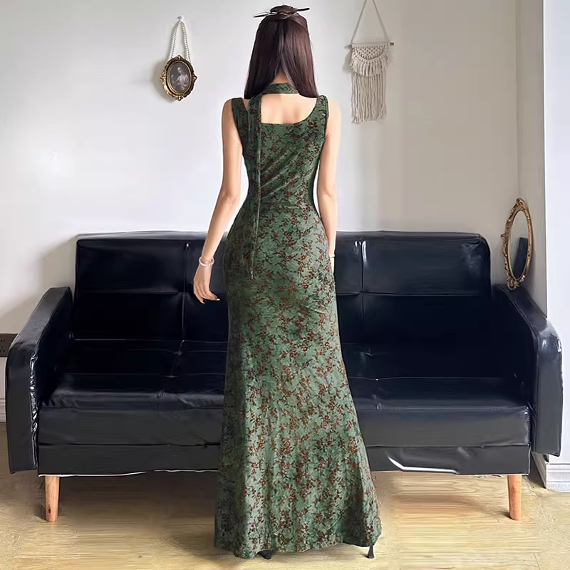 Vintage Green Floral V-neck Mermaid Summer Dresses Prom Dress Evening Dress TP4340