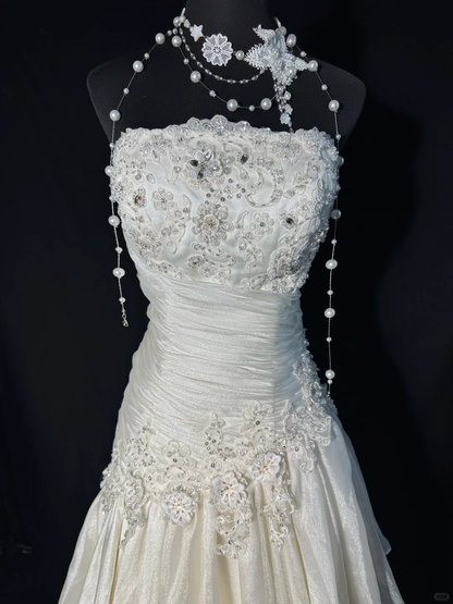 Elegant Ivory Applique Beaded Evening Gown A-Line Strapless Party Dress Floor Length Formal Dress TP4896