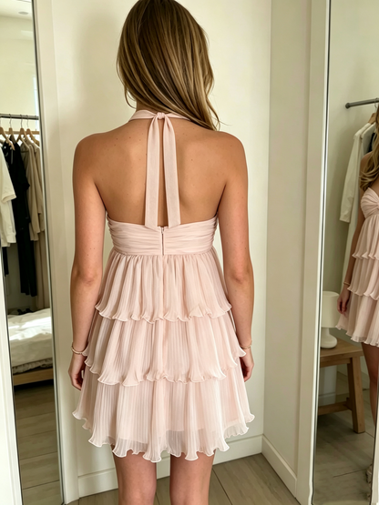 Cute Pink Halter-Neck Tiered Pleated Chiffon Homecoming Dress TP6015