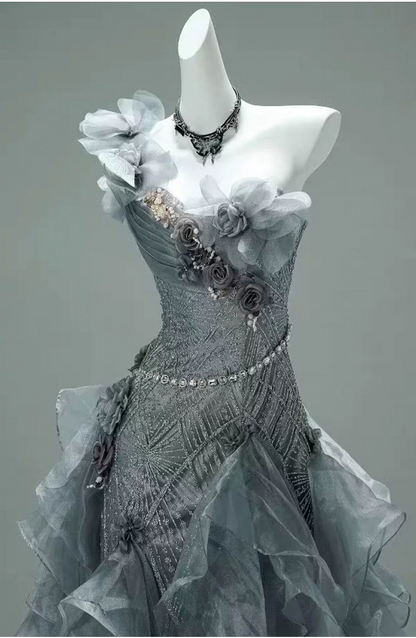 Vintage Gray Ruffled Organza One-Shoulder 3D Floral Beaded Prom Dress TP5867