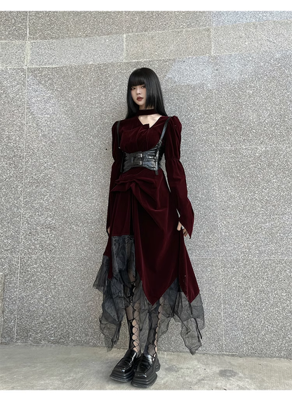 Elegant Fashion Red Velvet Irregular Dress Edge Design Gothic style party High-waisted Long-sleeved Dress TP2915