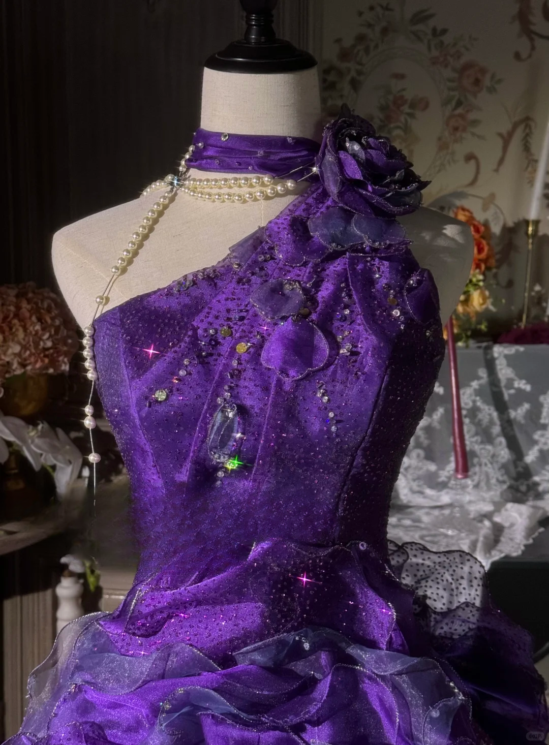 Vintage Purple One-Shoulder Ruffled Ball Gown Glitter Tulle Floral Embellished Formal Dress TP5130