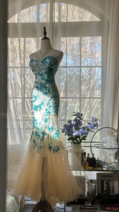 Gorgeous Mermaid Blue-green Sparkling Strapless Elegant Beaded Chiffon Evening Dress Prom Dress TP3976