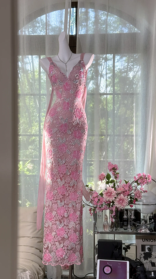 Vintage Gorgeous Pink Floral V-neck Applique Elegant Chiffon Long Evening Dress Prom Dresses TP4150