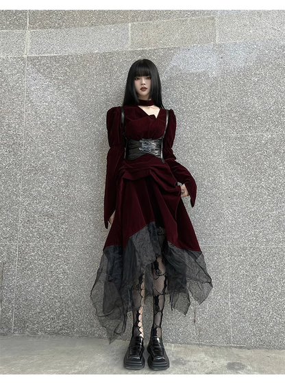 Elegant Fashion Red Velvet Irregular Dress Edge Design Gothic style party High-waisted Long-sleeved Dress TP2915