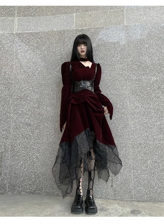 Elegant Fashion Red Velvet Irregular Dress Edge Design Gothic style party High-waisted Long-sleeved Dress TP2915