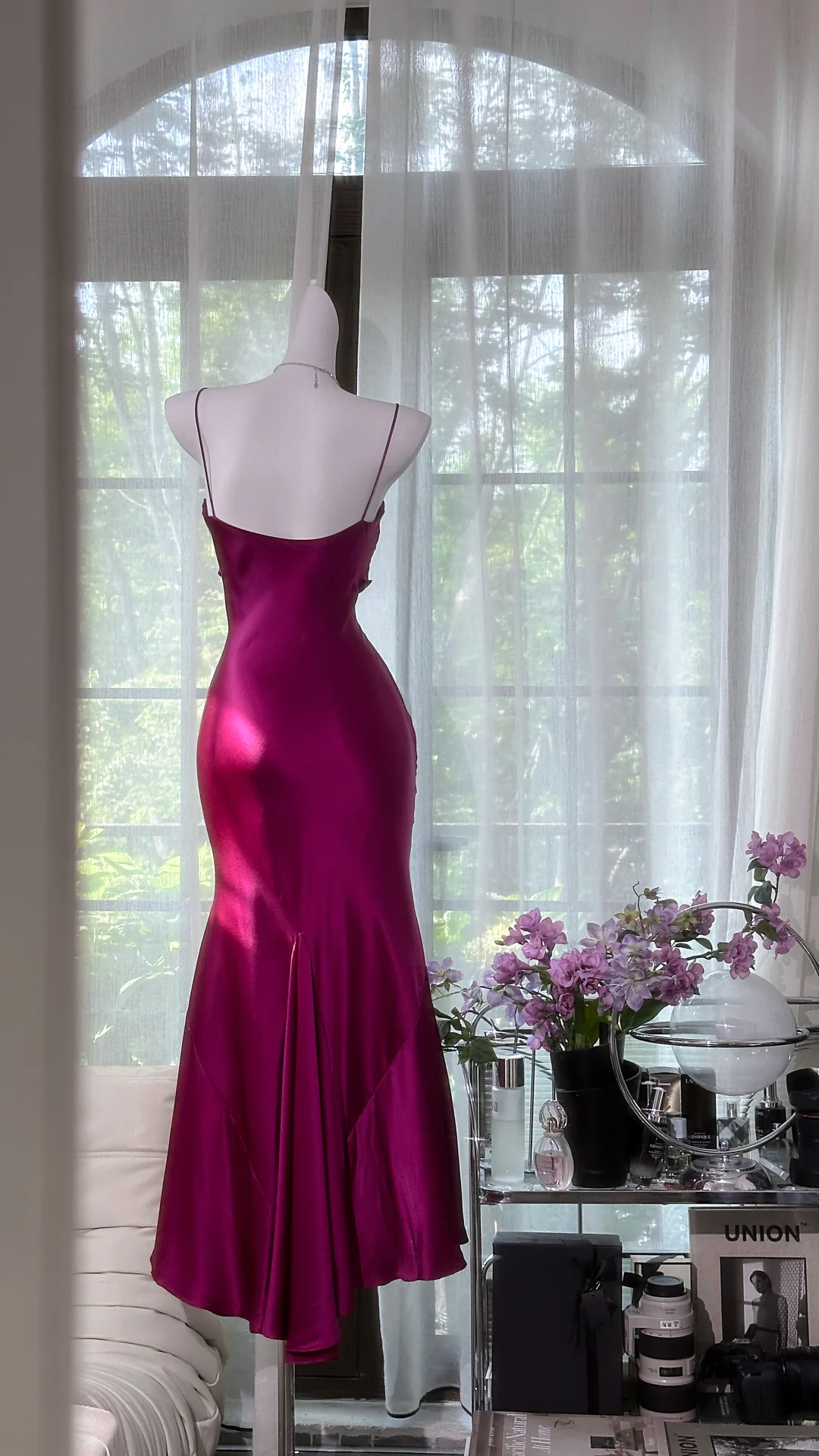 Vintage Fuchsia Sheath Long Prom Dress Pleated Satin Spaghetti Strap Formal Dress TP4555