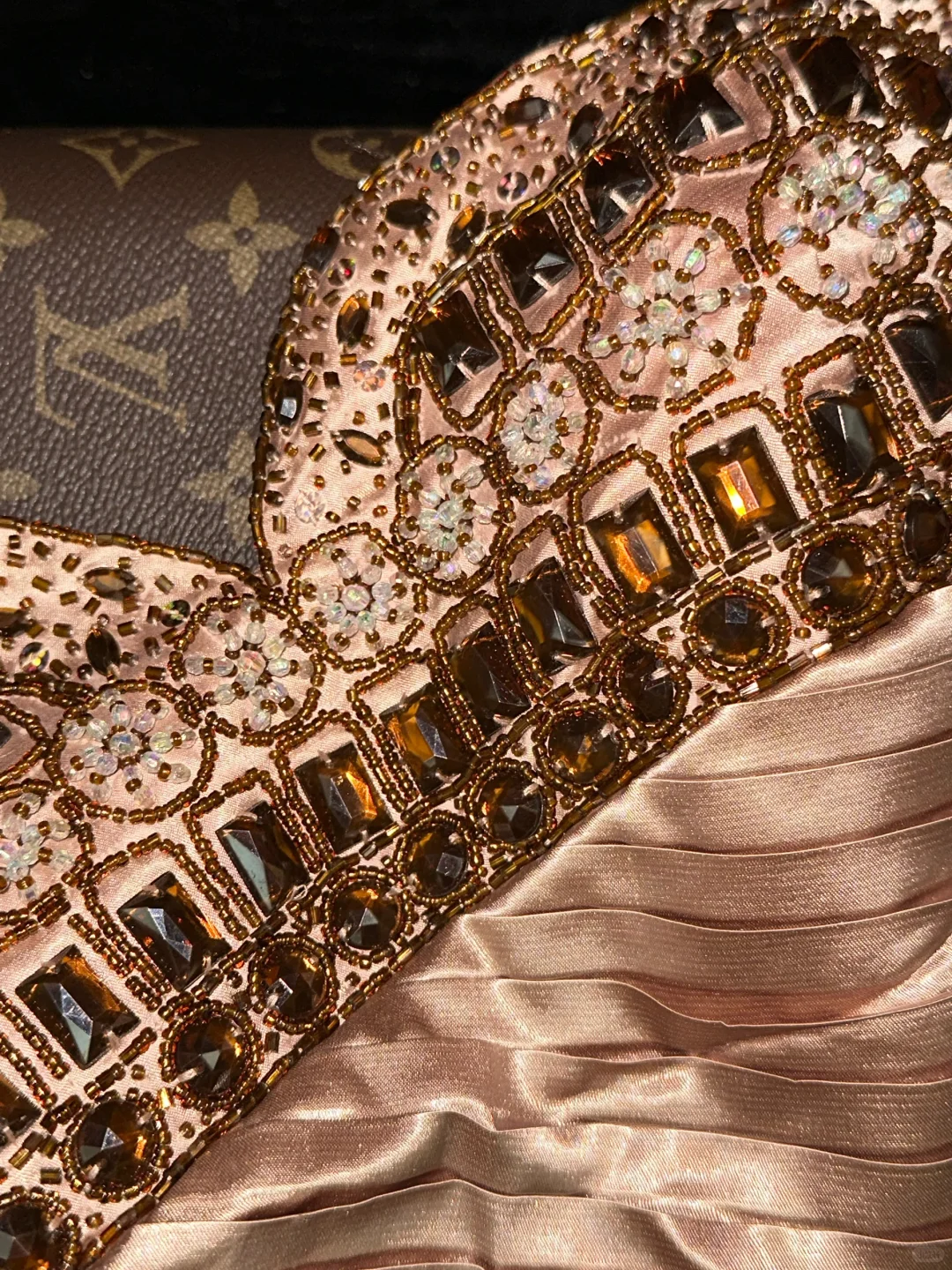 Glamorous Vintage Rose Gold Satin Sequin Sweetheart Strapless Sheath Evening Gown TP5358