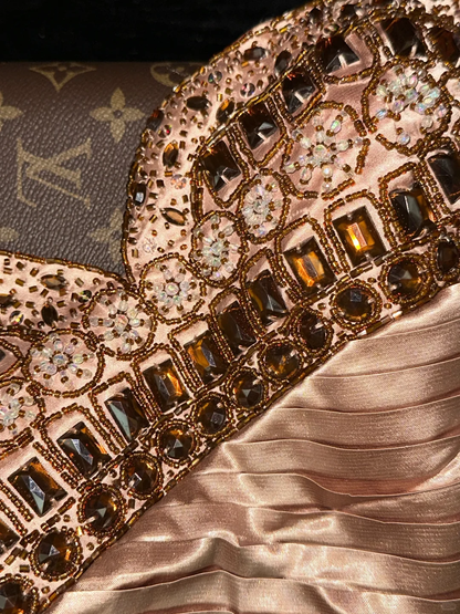 Glamorous Vintage Rose Gold Satin Sequin Sweetheart Strapless Sheath Evening Gown TP5358