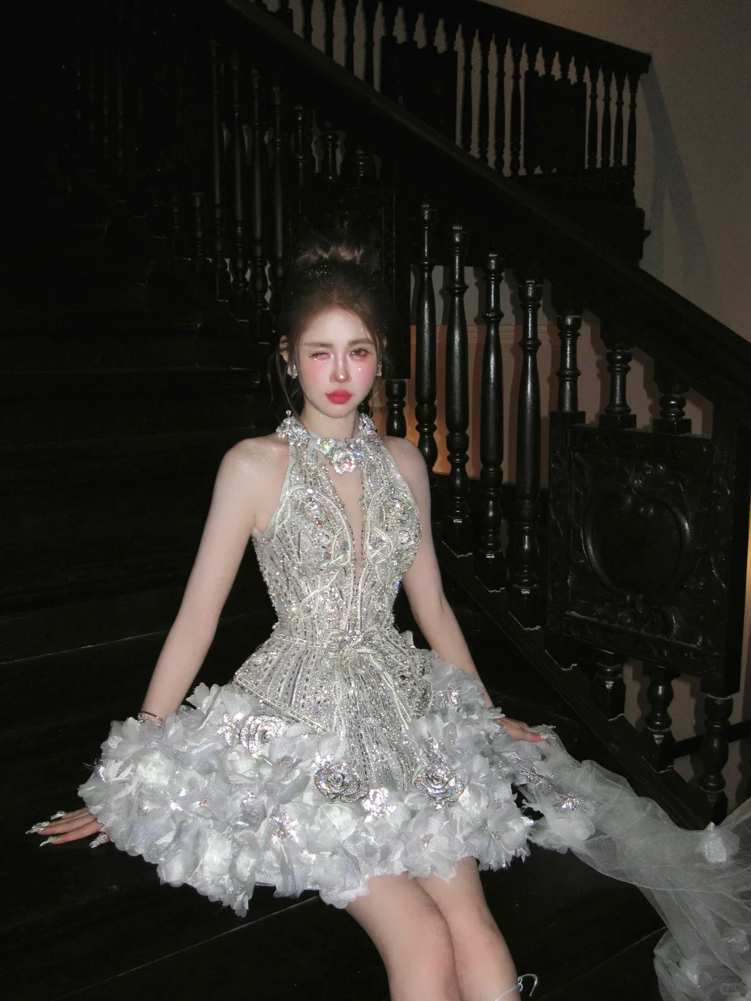 Gorgeous Glittering Silvery Beaded Sequined A-Line Halter Dress Design Party Dress Homecoming Dress TP4233