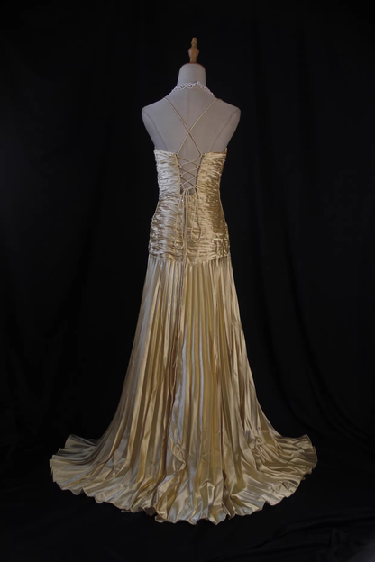Glamorous Gold Satin Spaghetti Strap Pleated Evening Gown with Train TP5677