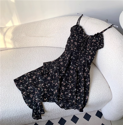 New Fashion Floral Design A-line Black High-waist Sleeveless Spaghetti Strap Dress TP3258