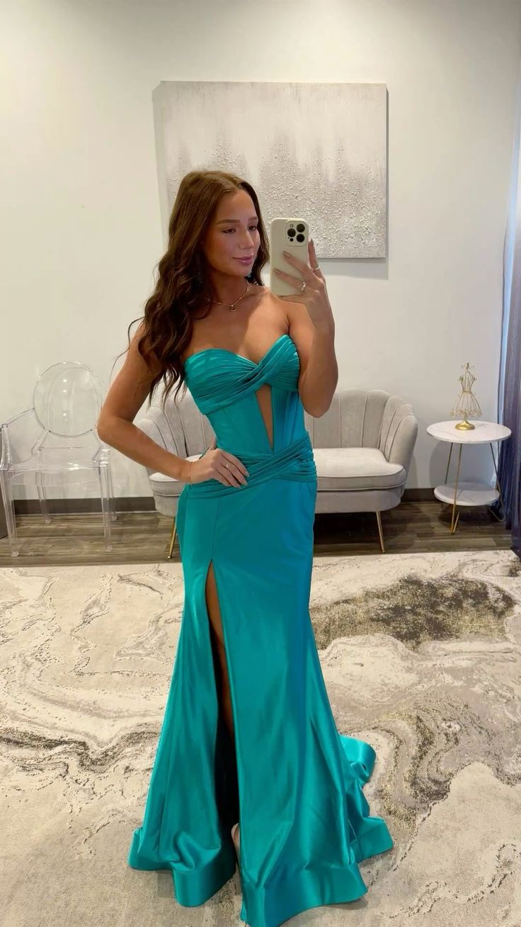 Vintage Turquoise Sheath Evening Gown Strapless Sweetheart Party Dress Satin Slit Floor Length Formal Dress TP4906