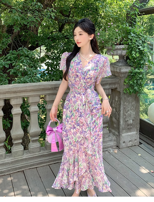 New Fashion Floaral Design V-neck Short Sleeves Mermaid Slim Long Dress TP3048
