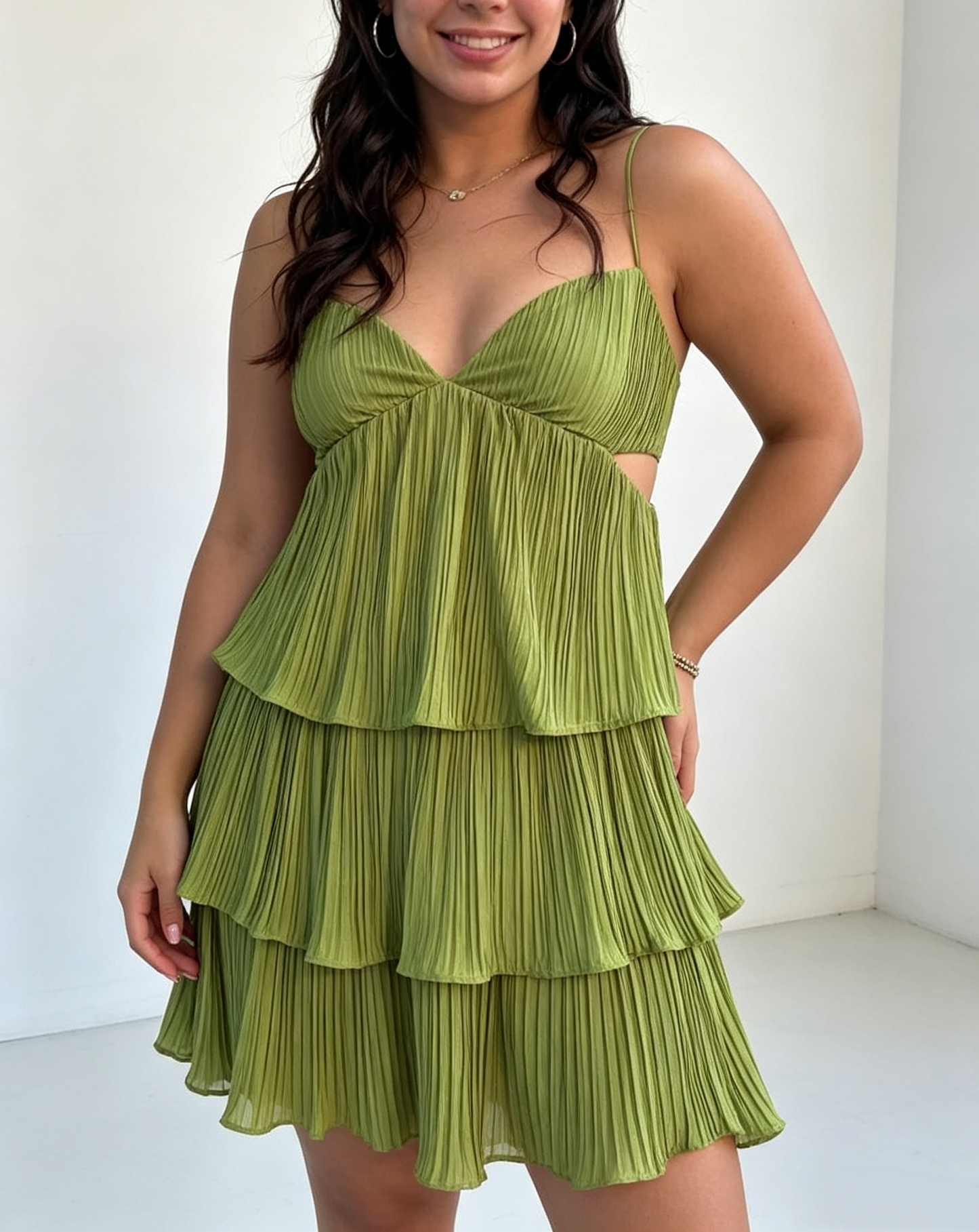 Cute Olive Green Spaghetti Strap V-Neck Tiered Pleated Chiffon A-Line Homecoming Dress TP6018