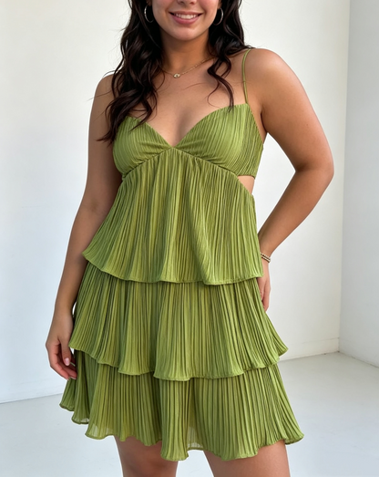 Cute Olive Green Spaghetti Strap V-Neck Tiered Pleated Chiffon A-Line Homecoming Dress TP6018