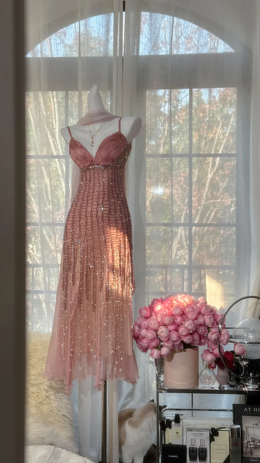 Vintage Blush Pink Spaghetti Strap V-Neck Mermaid Prom Dress Beaded Chiffon Evening Gown for Wedding Guest TP5742