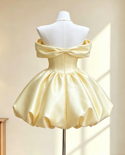 Vintage Yellow Satin Off-the-Shoulder Puffy Bubble A-Line Homecoming Dress TP6065