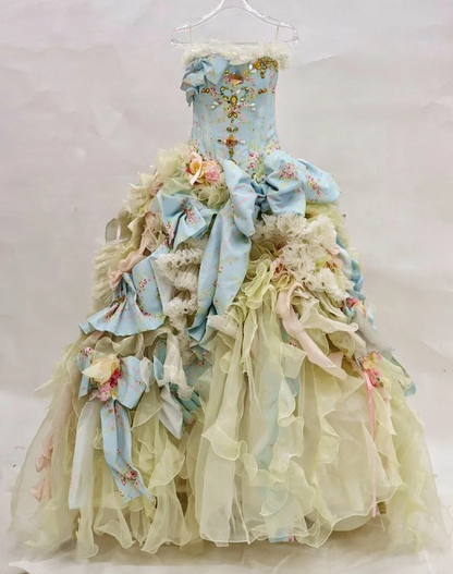 Glamorous Ruffled Strapless Floral 3D Bow Tulle Sweet 15 Quinceanera Ball Gown TP5498