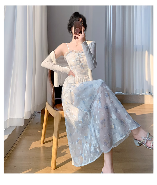 New Simple Elegant Cake Lace Design Cardigan Spaghetti Strap Dress TP3063