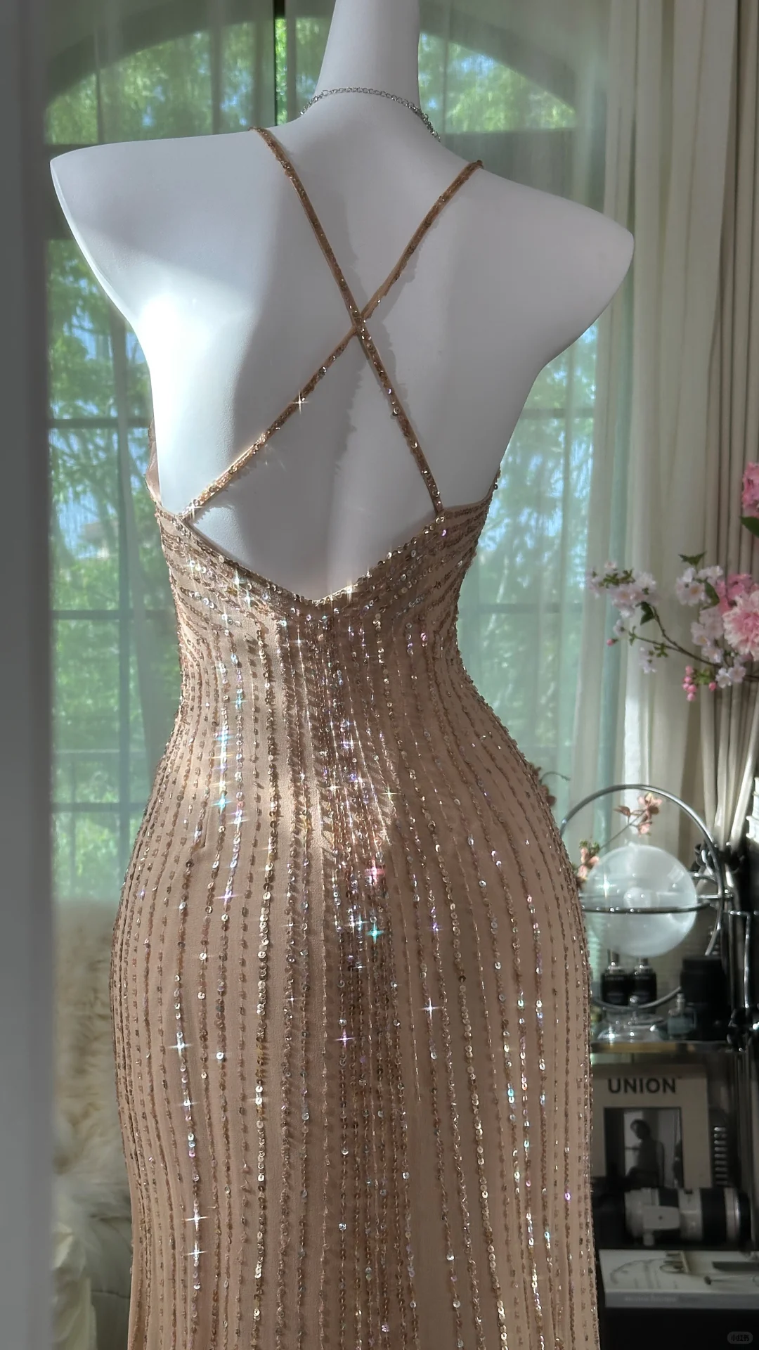 Luxury Champagne Beaded Mermaid Evening Gown Spaghetti Strap Sparkle Formal Prom Dress TP5744