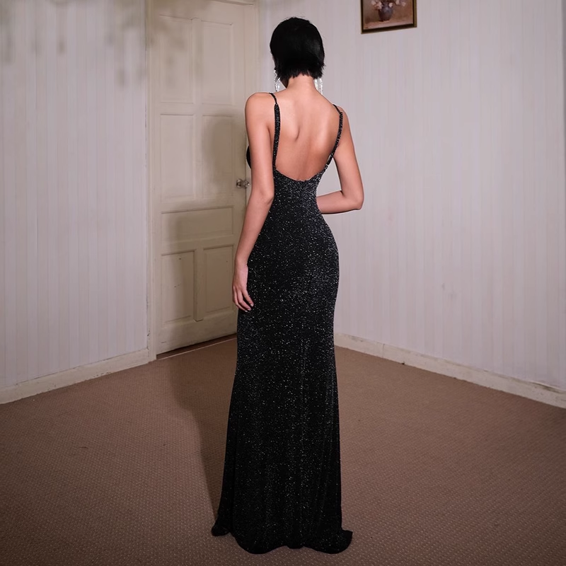 New Elegant Black Lace Spaghetti Strap Dress Sexy Evening Dress TP2877