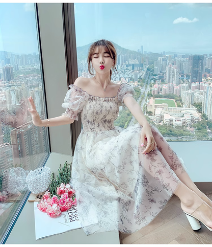 Simple Fashion Floral Short Sleeves Design Chiffon Women Dress TP3053