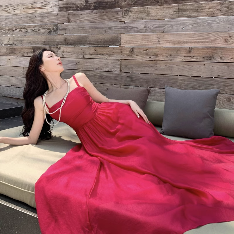 New Elegant Stylish Rose Red High-waisted Spaghetti Strap Dress TP2990