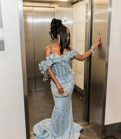 Gorgeous Light Blue Off-the-Shoulder Mermaid Beaded 3D Floral Prom Dress TP5811