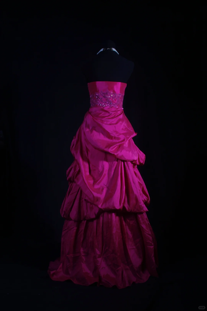 Vintage Fuchsia Strapless Satin Beaded 3D Rose Ruffled Evening Gown TP5417