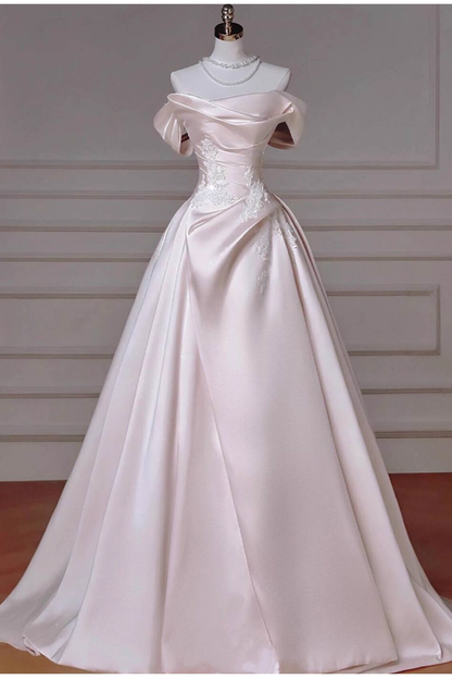 Glamorous Pink Satin Applique Off-Shoulder A-Line Evening Gown Prom Dress TP5238