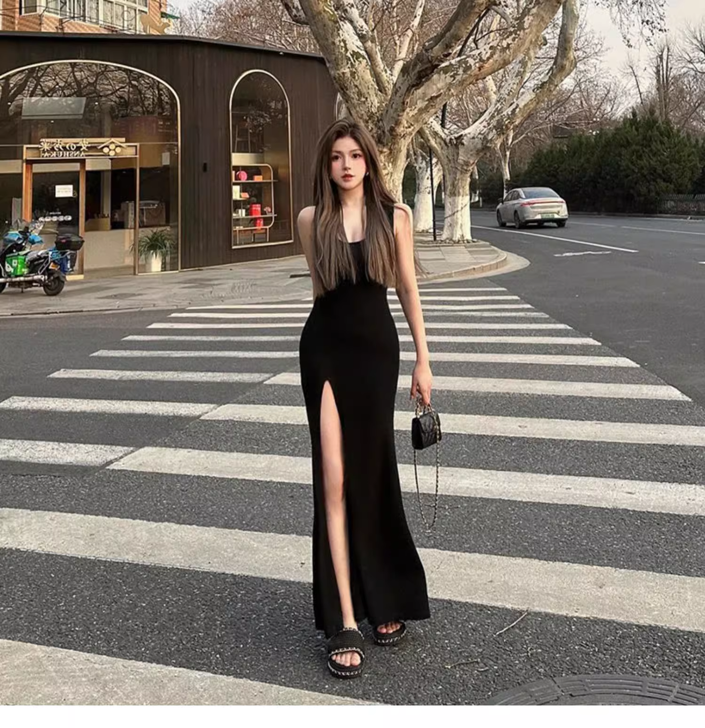 New Fashion Black Sleeveless Elegant Split Spaghetti Strap Dress TP2981