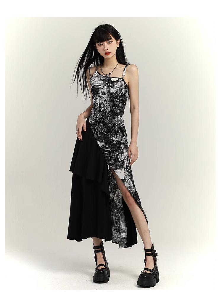 Fashion Black & White Ink Artistic Sense Irregular Design Spaghetti Strap Dress TP2919