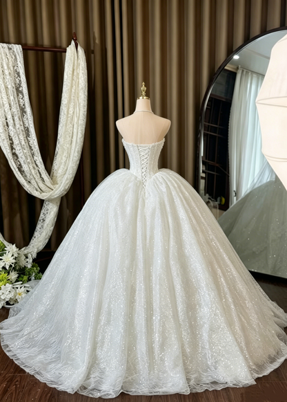 Vintage Strapless Sweetheart Glitter Tulle Lace A-Line Cathedral Train Wedding Dress TP5980