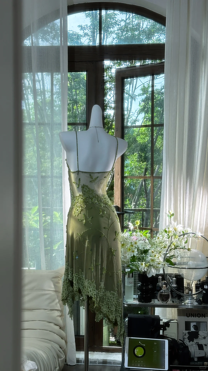 Retro Green Sequin Spaghetti Strap Romantic Sparkling  Chiffon Evening Dress Prom Dresses TP3959