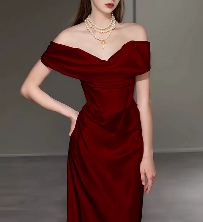 Elegant Burgundy Satin Off-the-Shoulder Mermaid Draped Prom Dress TP6099