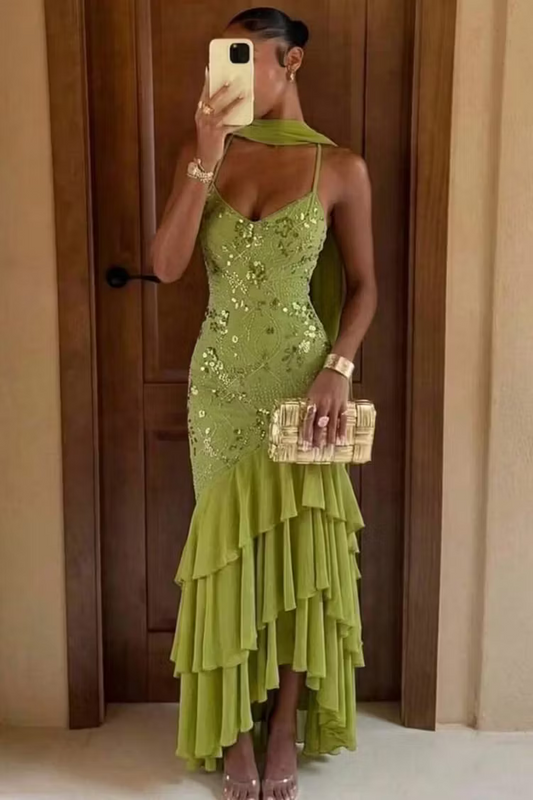 Vintage Olive Green Floral Sequin Spaghetti Strap Mermaid Tiered Matching Scarf Evening Gown TP5900