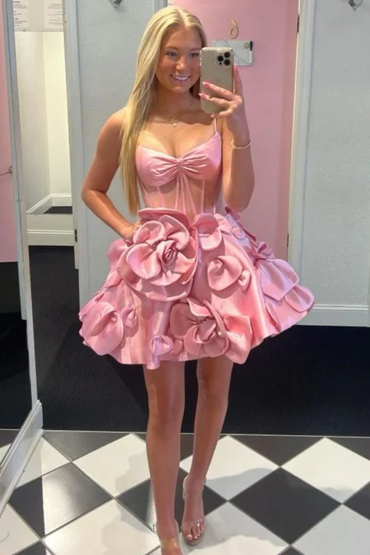 Charming Pink 3D Floral Design A-line Spaghetti Strap Homecoming Dress TP3583