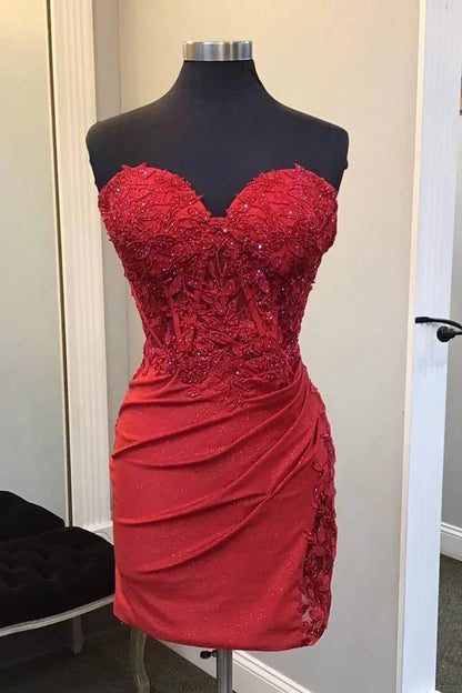Fashion Ruby Applique Beaded Bodycon Design A-line Sweetheart Strapless Short Homecoming Dress TP3578