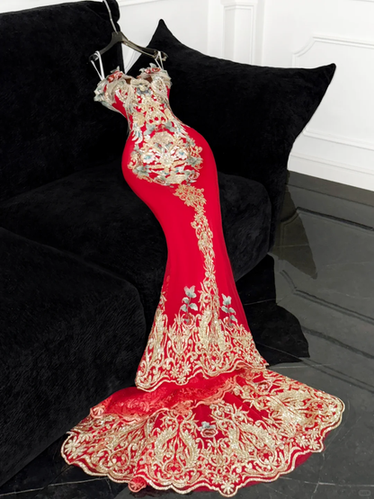 Retro Sparkling Beaded Sequin Mermaid Design Exquisite Embroidery Wedding Outfit Evening Dress Prom Dresses TP4166