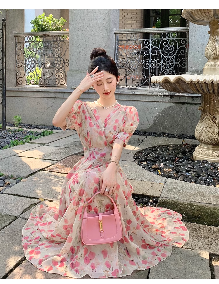 New Fashion Pink Floral Design Short Sleeves V-neck A-Line Women Long Dress TP3046